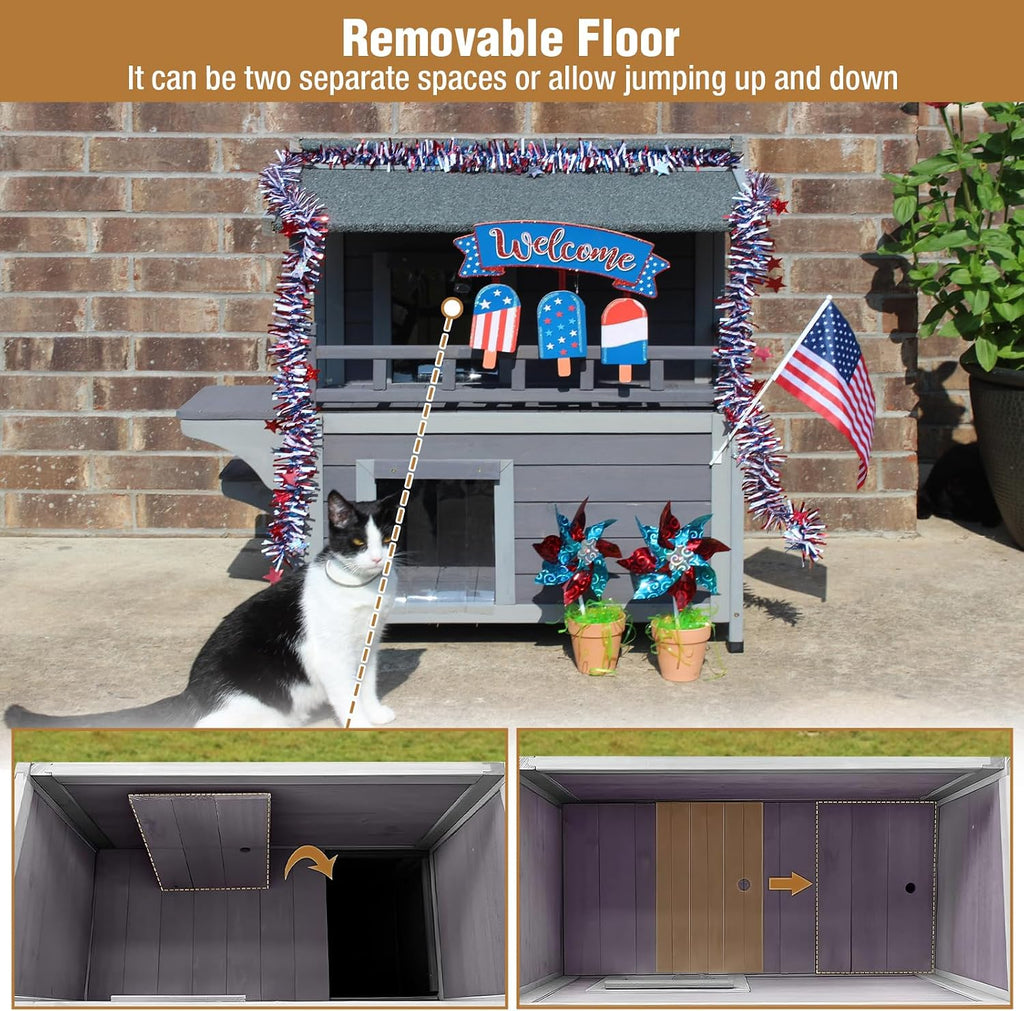 Outdoor Cat House Weatherproof 2 Story Wooden Feral Cat Shelter Easy Clean