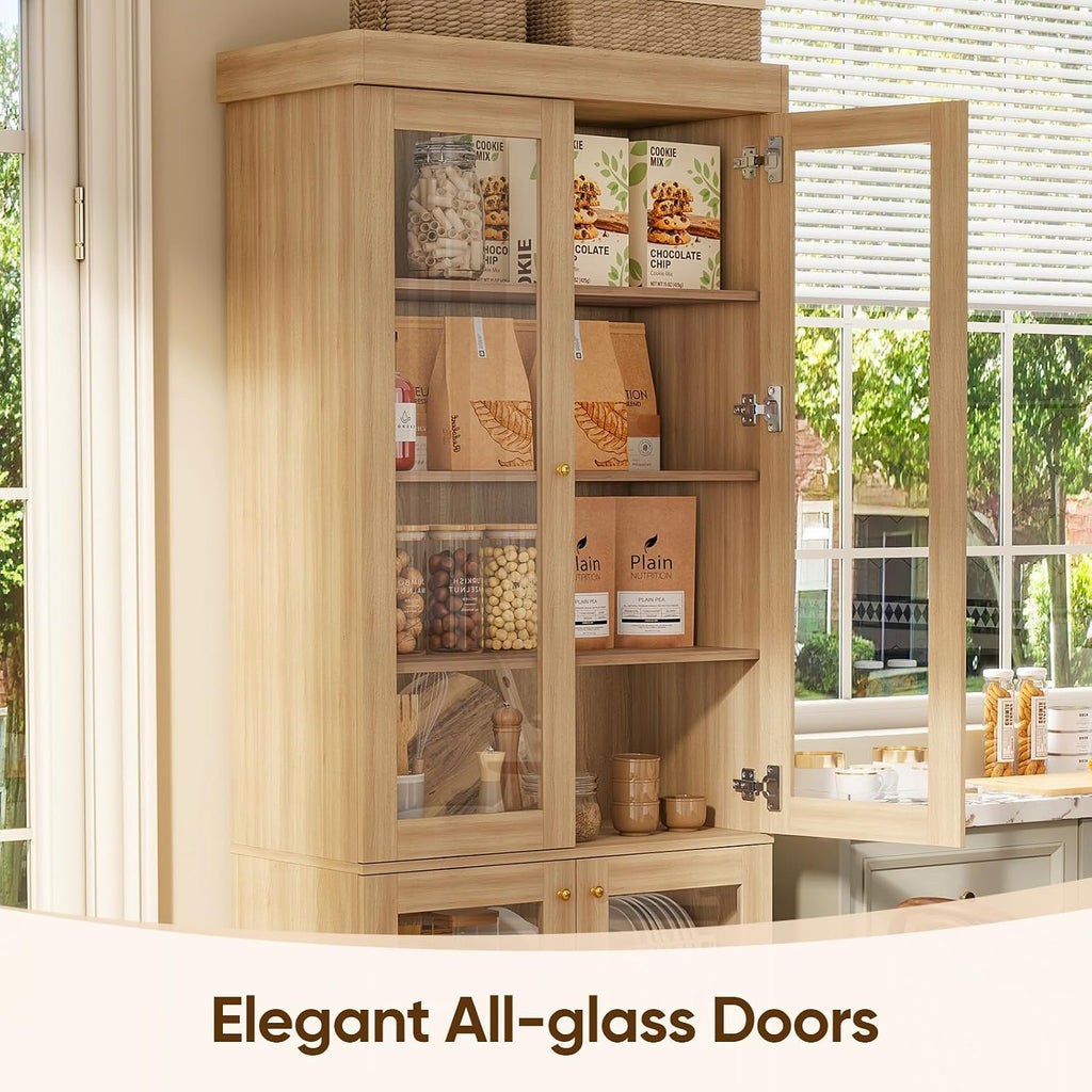 70.8" Tall Brown Bookshelf with Glass Doors, Farmhouse Modular Bookcase with 6-Tier Adjustable Shelves, Large Storage