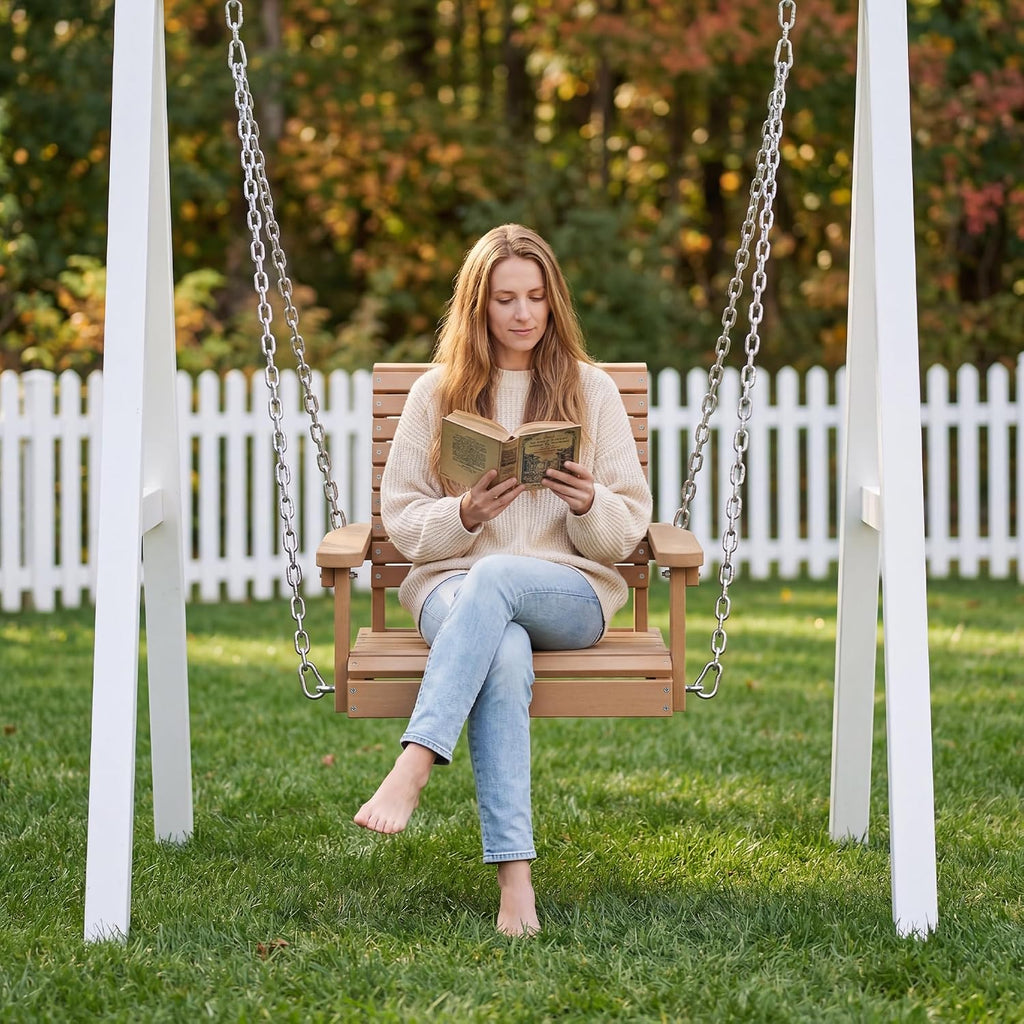 HDPE Single Hanging Porch Swing, 360 LBS Outdoor Swing Chair, Teak | Wood-Look Finish, All-Weather & Fade Resistant