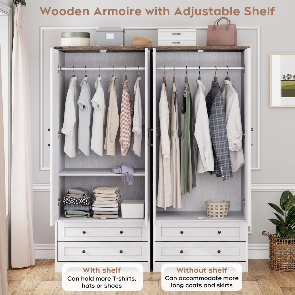 Wooden Armoire Wardrobe Closet with Drawers, White, Set of 2