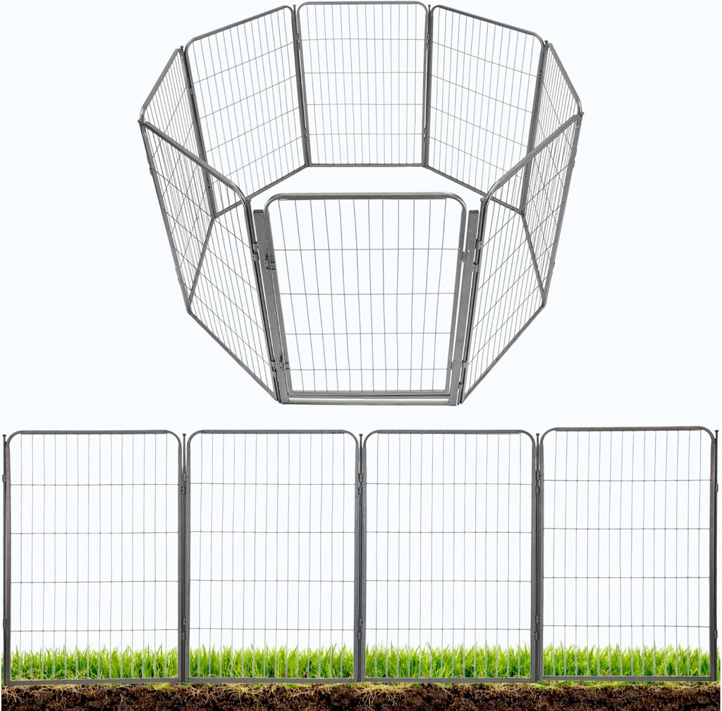 Decorative Outdoor Garden Fence - 40in, 8 Panels - Grey Heavy Duty Metal Fencing w/Anti-Rust Coating & Extra Wide