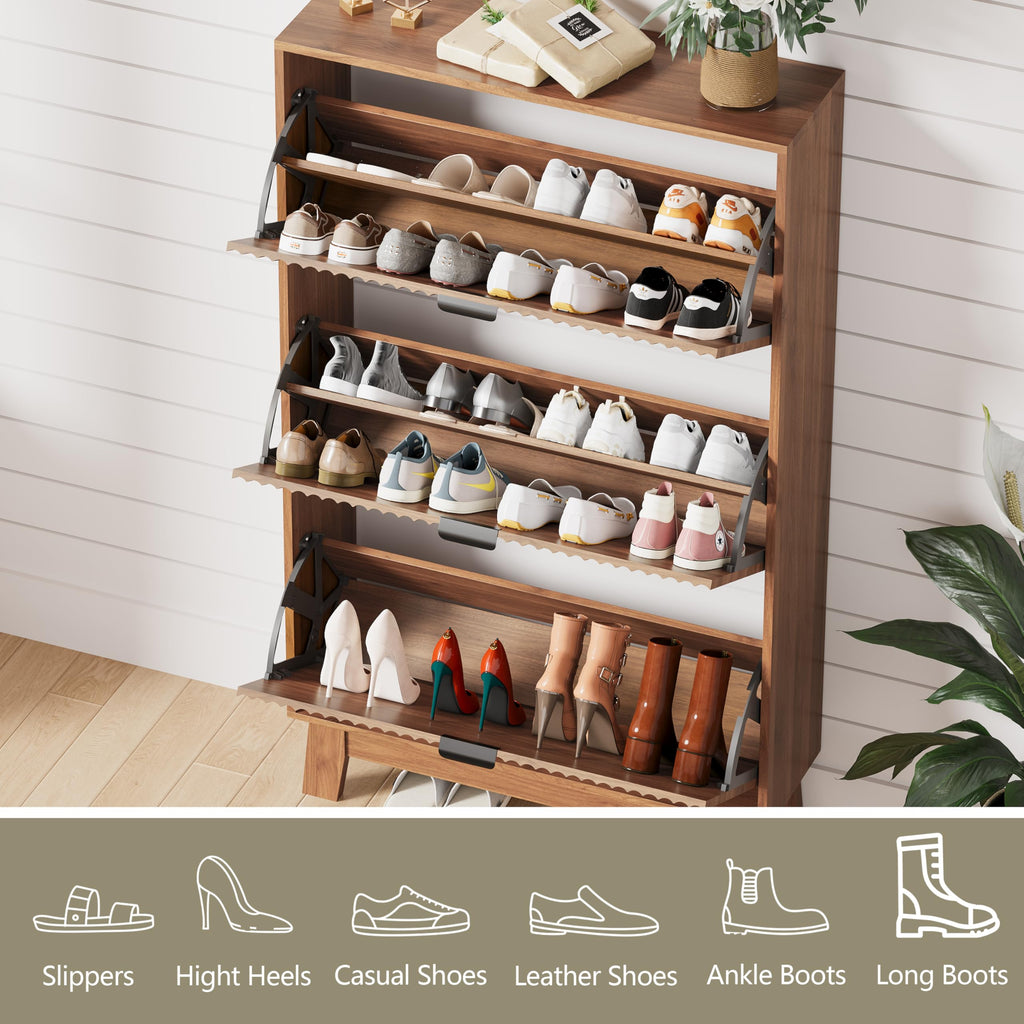 Shoe Cabinet Storage with 3 Flip Drawers, Fluted Narrow Shoe Organizer with Wooden Legs, Freestanding Slim Shoe