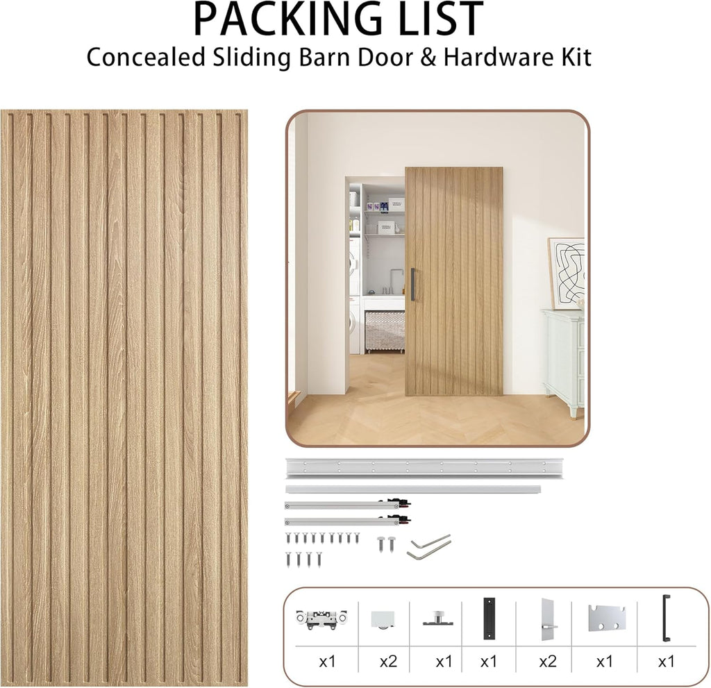 42"x84" Concealed Sliding Barn Door with Soft Close Hardware Kit, Light Brown Hidden Door for Openin