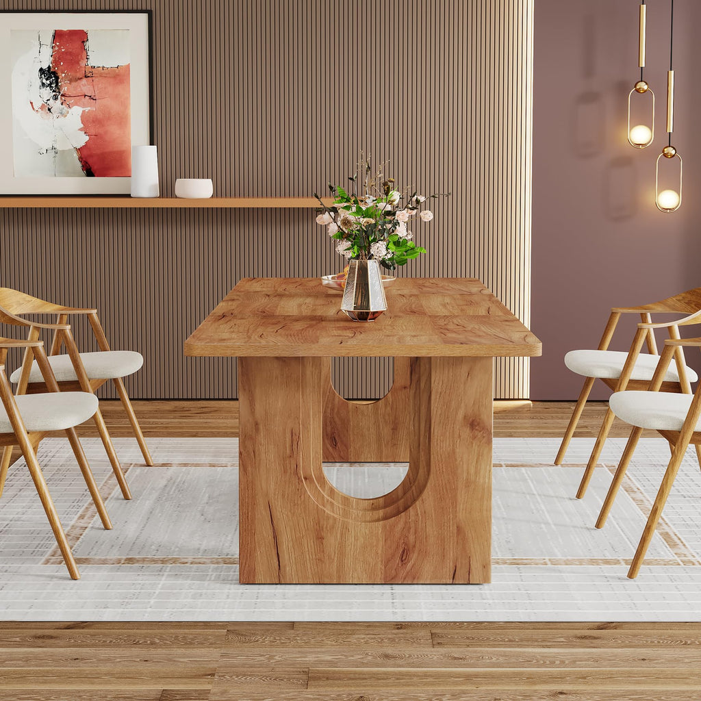 Modern Dining Table for 6 to 8 People, 71" Large Kitchen Dining Table with Wood Pedestal Base, Rectangular Long