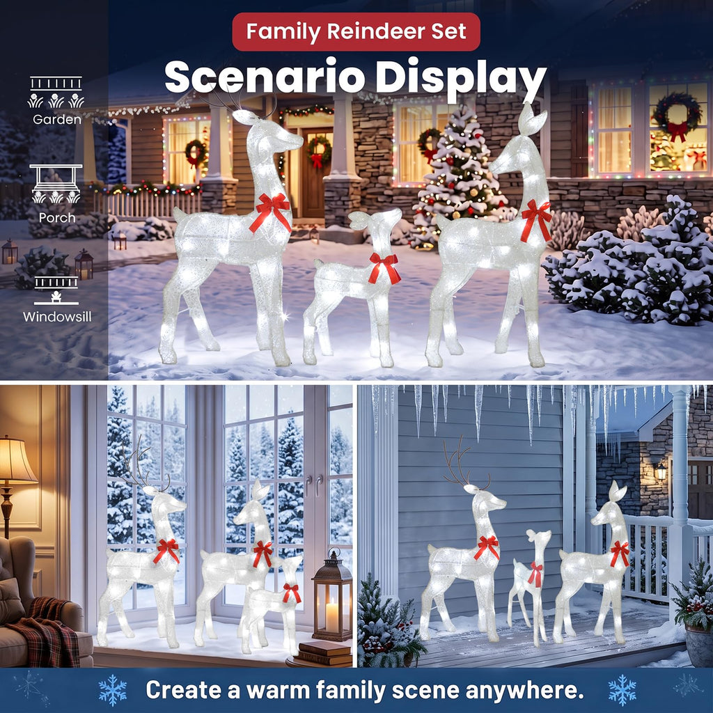 34IN 3-Piece 2.5D Lighted Christmas Deer Family Outdoor Decorations, White Pre-Lit Reindeer Set with 45 Lights