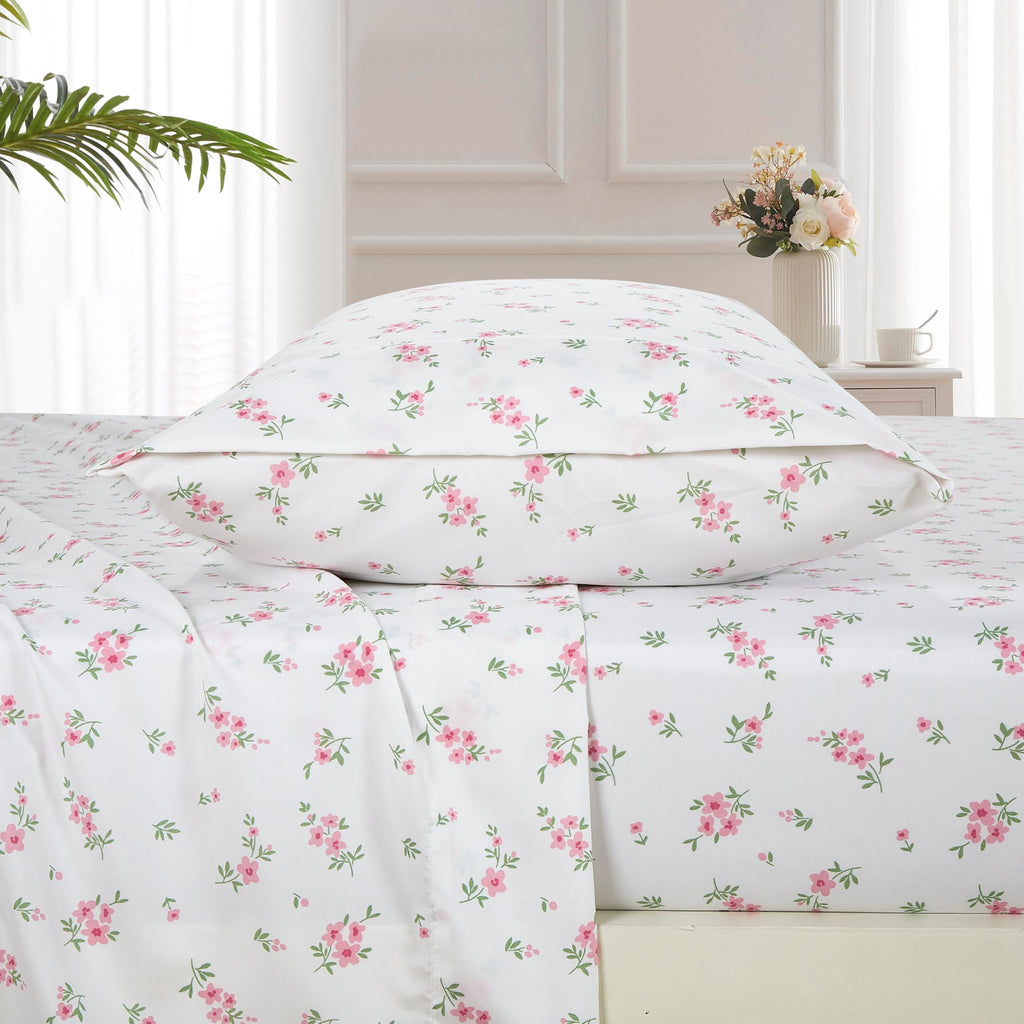 3-Piece Floral Printed Sheet Set - Soft White Pink Rose Flower Brushed Microfiber Bedding 14-Inches Deep Pocket
