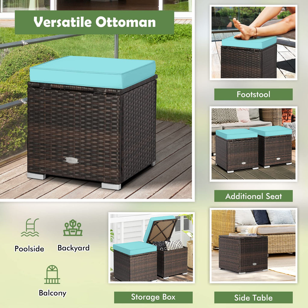 2PCS Patio Ottoman Set Outdoor Wicker Stool with Storage, Rattan Footrest Ottoman with Solid Metal Frame and Cushion
