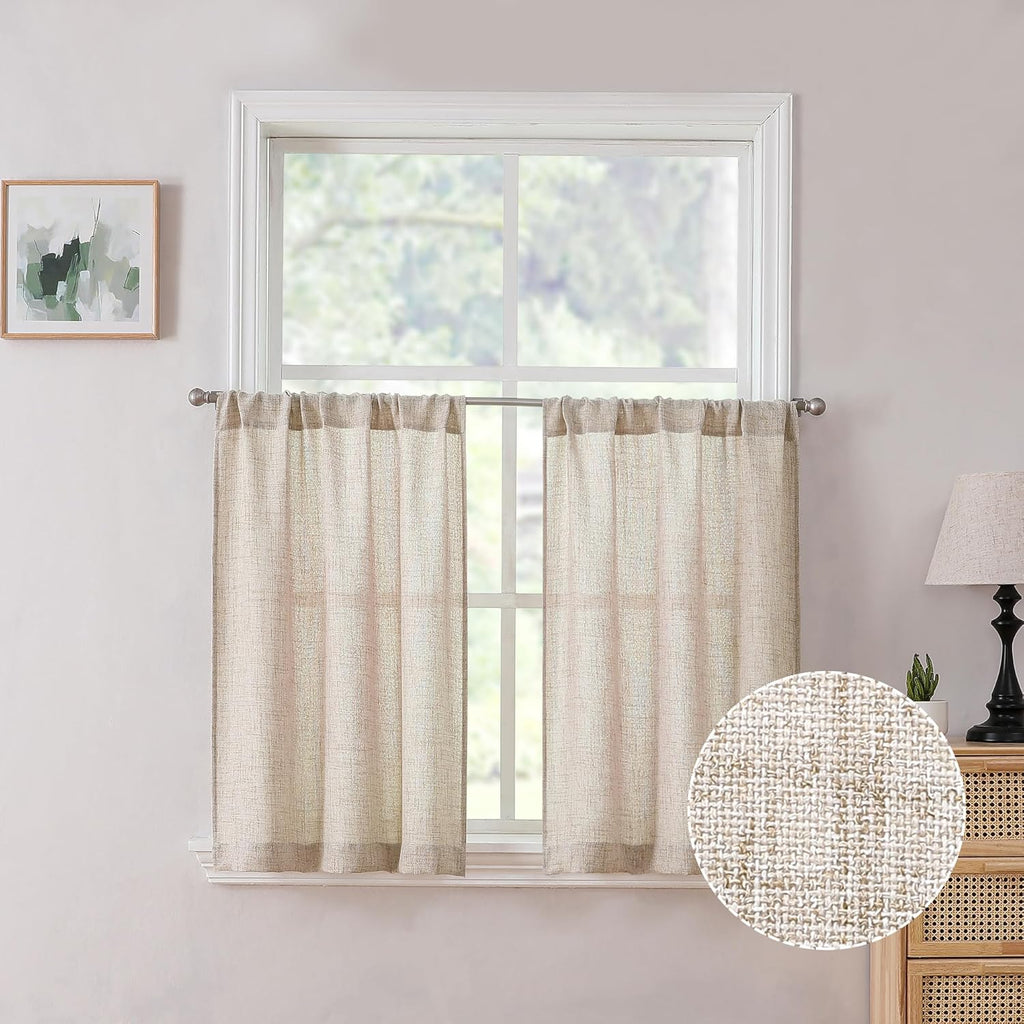 Short Linen Tier Curtains Rod Pocket Semi Sheer Half Kitchen Curtain Burlap Light Filtering Thick Linen Drapes, 30 x