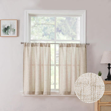 Short Linen Tier Curtains Rod Pocket Semi Sheer Half Kitchen Curtain Burlap Light Filtering Thick Linen Drapes, 30 x