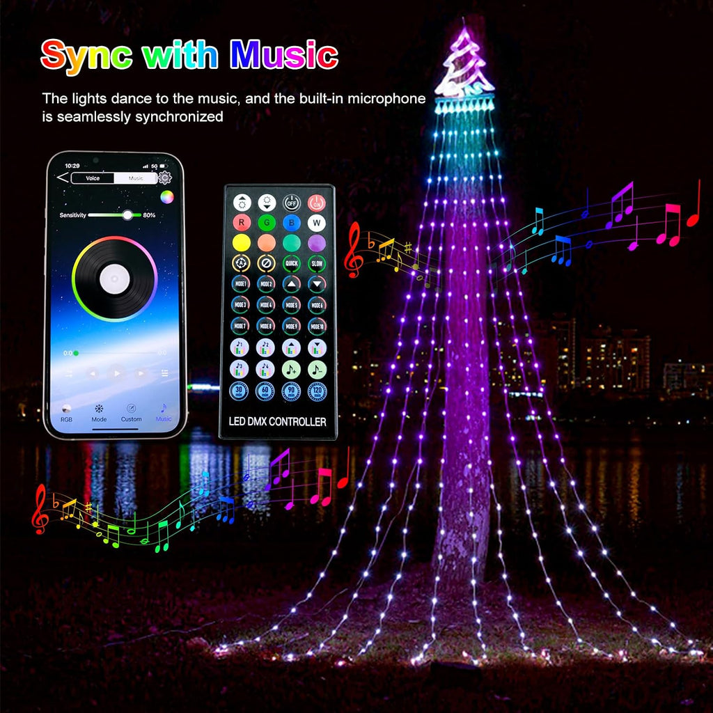 Outdoor Christmas Decorations Tree String Light with Remote APP Control 10FT 305LED Waterfall RGB Color Changing