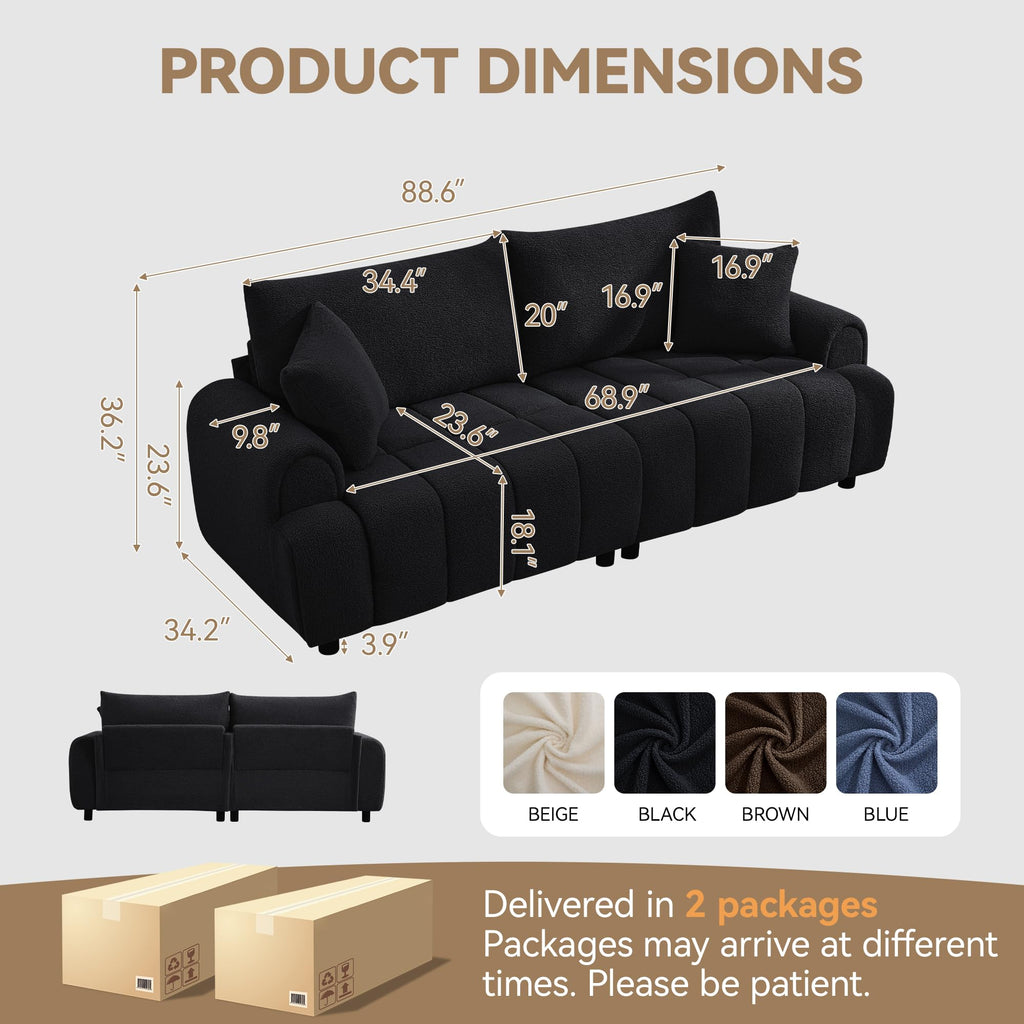 88 "Modern Boucle Couch, Oversized Comfy 3 Seater Sherpa Curved Sofas Deep Seat, Upholstered Loveseat Teddy Round Arm