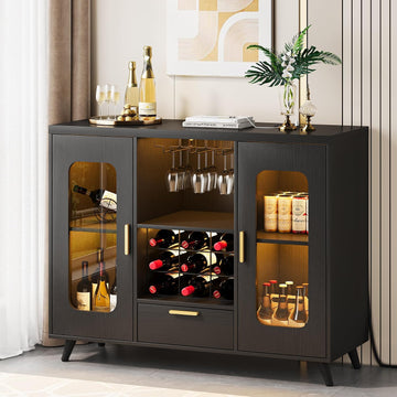 Bar Cabinet with Power Outlets, Modern Coffee Bar Sideboard with LED Light, Farmhouse Liquor Cabinet with Wine Rack