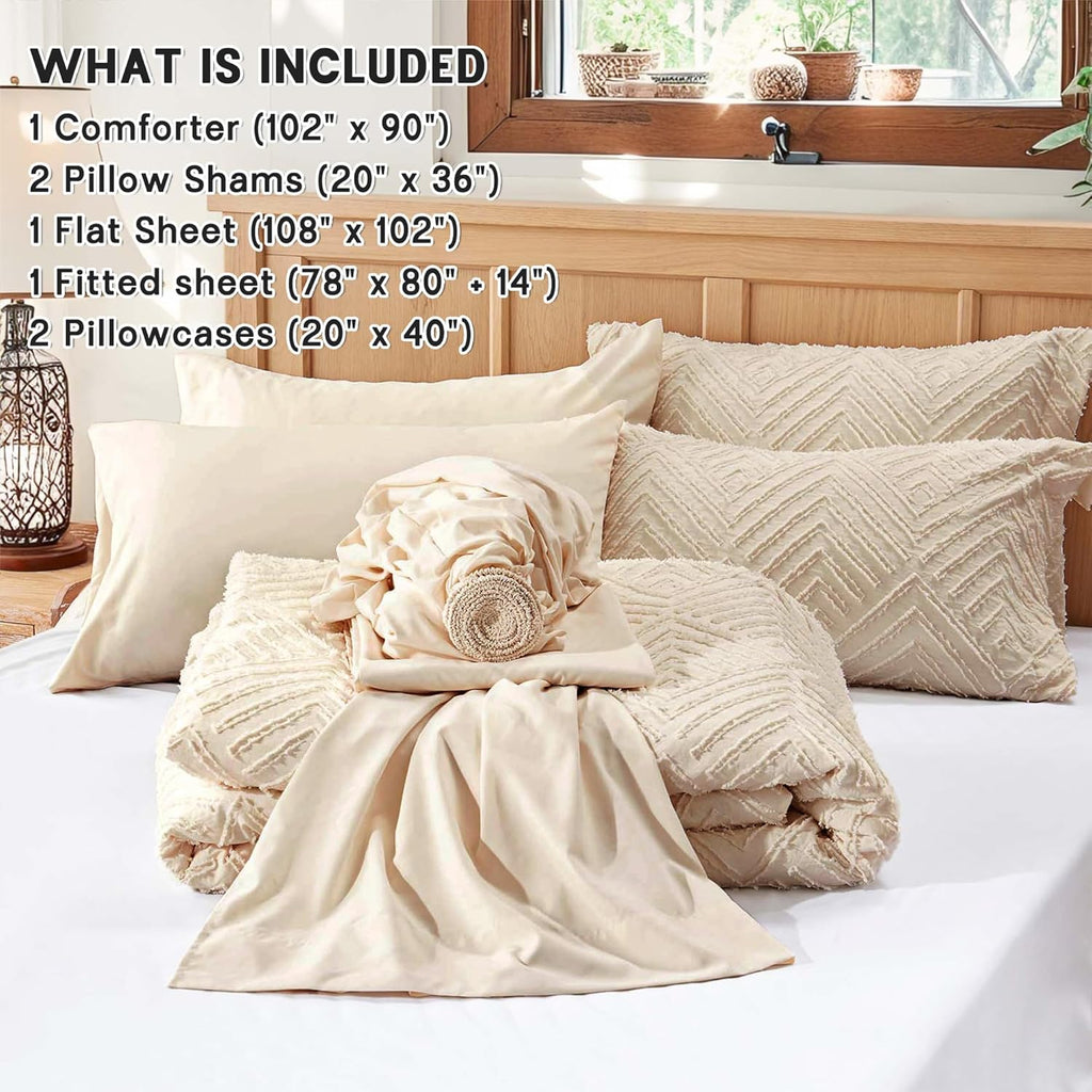 King Comforter Set 7 Pieces, Beige Tufted Bed in a Bag with Comforter and Sheets