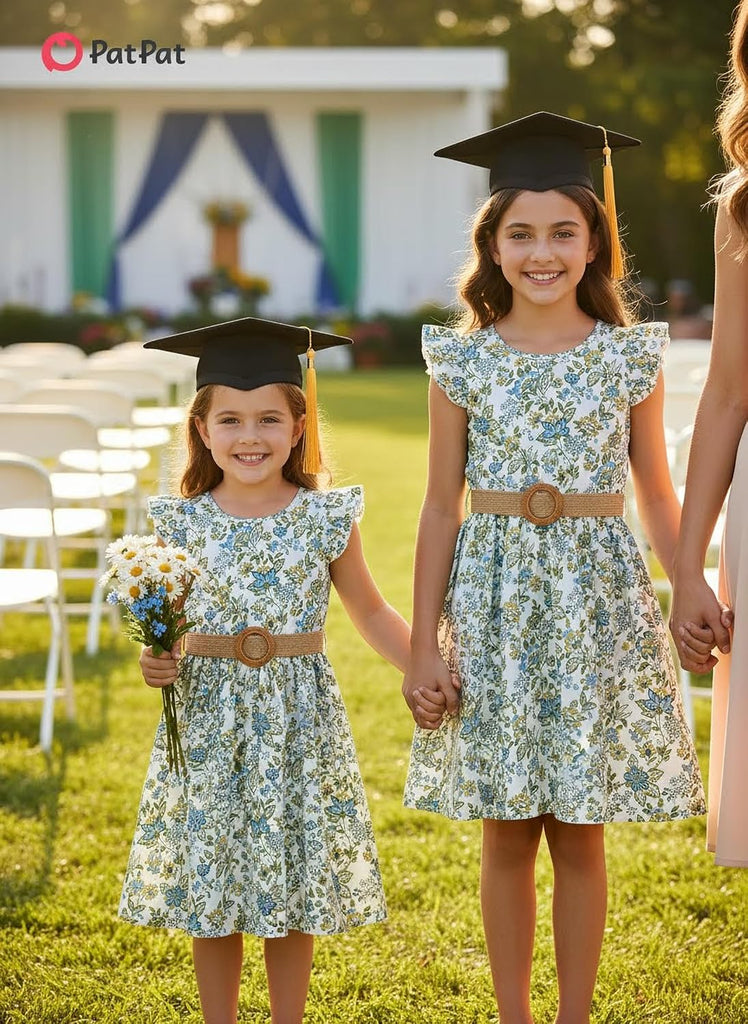 Girls Boho Floral Swing Dress Ruffle Sleeve Braided Belt