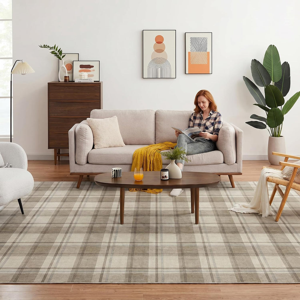 Beige Checkered Washable Non-Slip Area Rugs