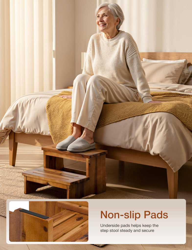 16.5" Acacia Wood Long Step Stool for Adult, 300LBS (Patent Pending)