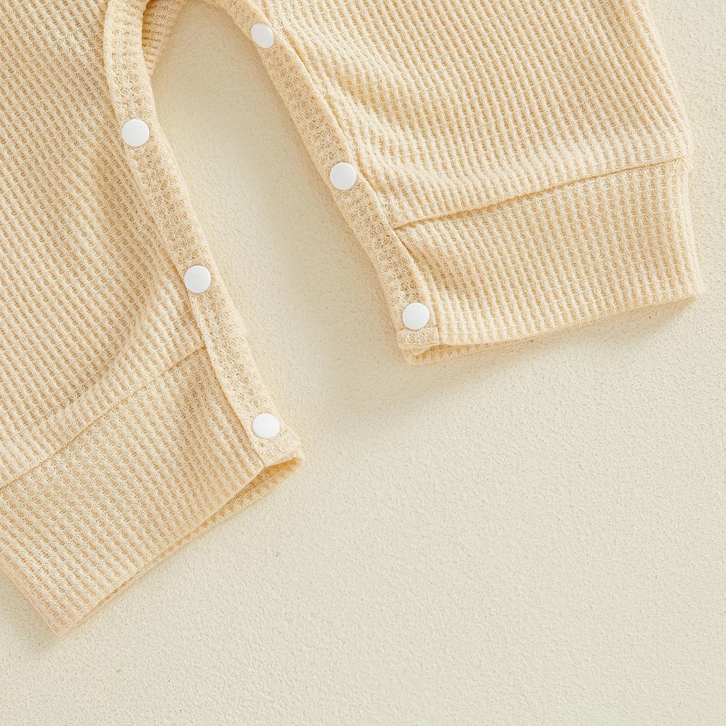 Newborn Baby Boy Fall Outfit Long Sleeve Striped Romper Top Letters Embroidery Waffle Knit Overalls Pants Hat Set