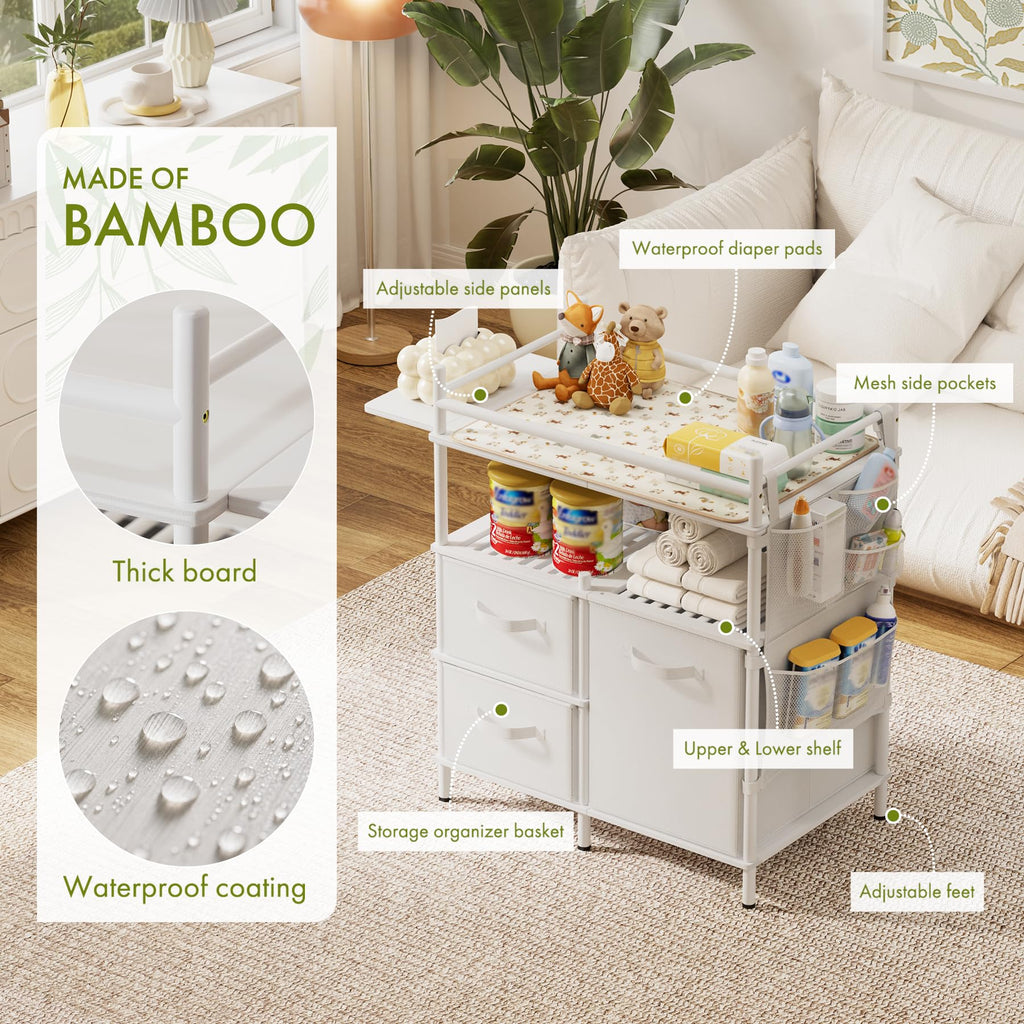 Baby Changing Table, Bamboo Baby Dresser Table with Flat Top, Diaper Changing Station with 3 Removable Storage