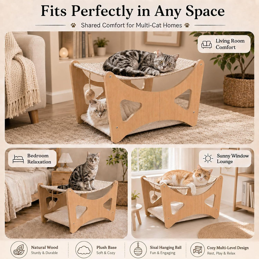 Cat Hammock Bed, 3 in 1 Elevated Bunk Cat Hammock Bed with Sisal Scratching Pad & Soft Plush Cushion, Wooden Cat