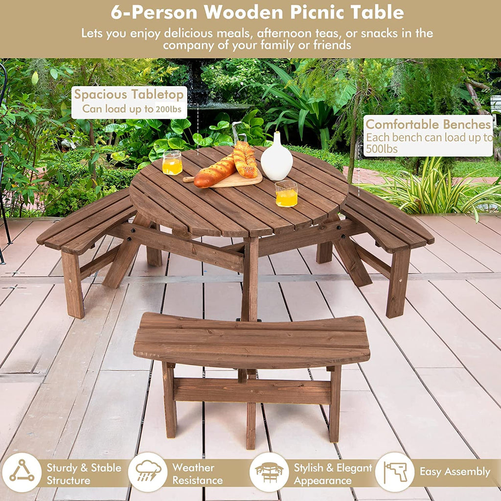 6 Person Wood Picnic Table, Outdoor Round Picnic Table with 3 Built-in Benches, Umbrella Hole, Outside Table and