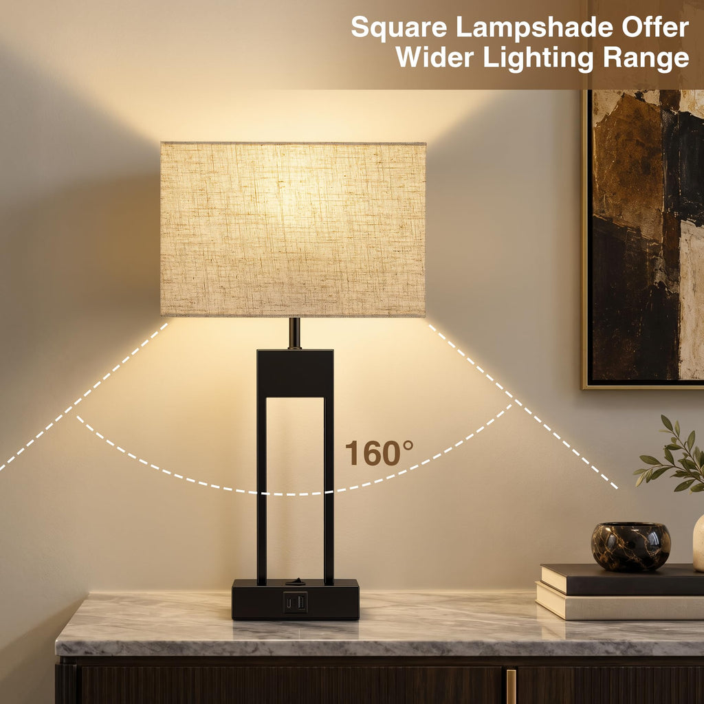 19" Nightstand Table Lamps Set of 2, USB C+A | 3 Colors Changeable Bedside Lamps, Lamp for Nightstands(Bulbs