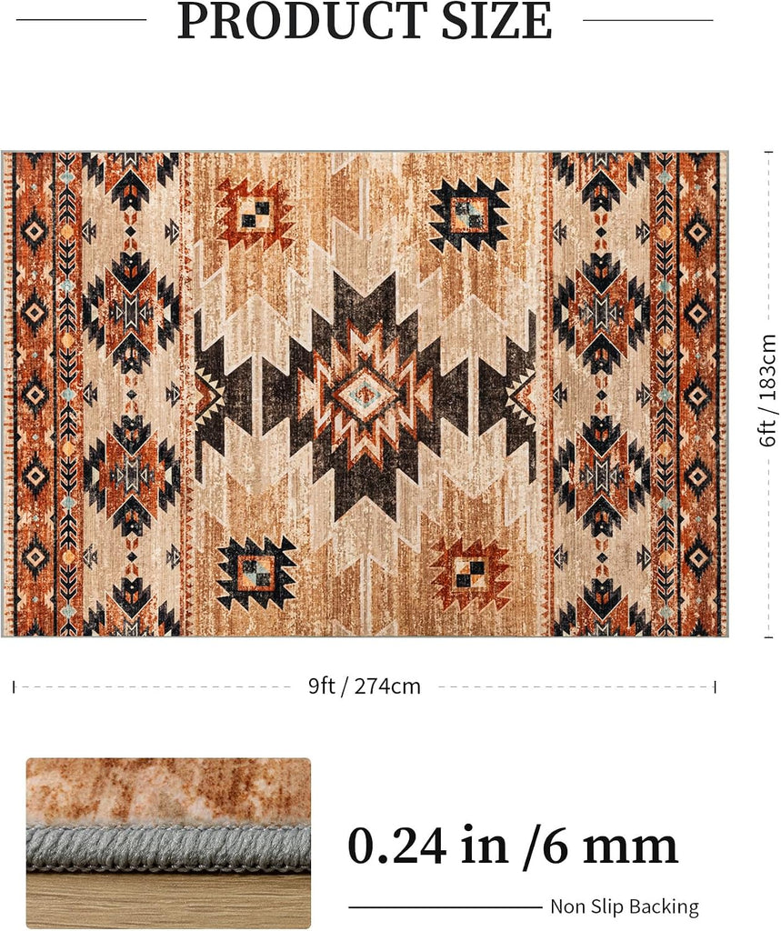 Washable Western Aztec Area Rug, Terracotta