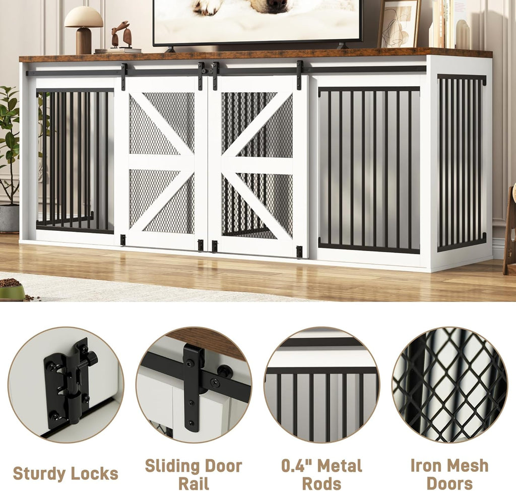Farmhouse Dog Crate TV Stand, Wooden Dog Kennel Furniture with Sliding Metal Mesh Barn Door, Large Dog Crate
