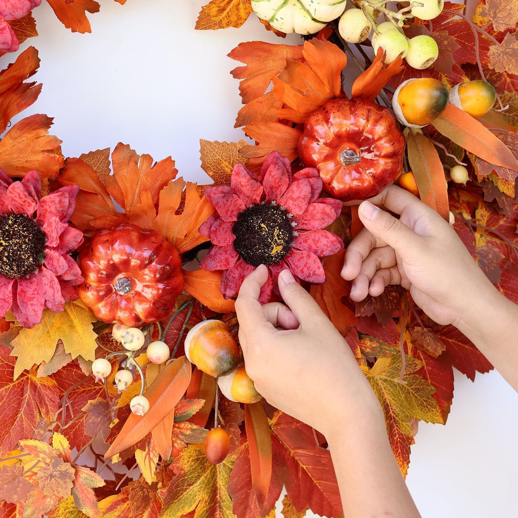 28" Large Artificial Flowers Fall Wreath for Front Door Decor (Fall Orange)