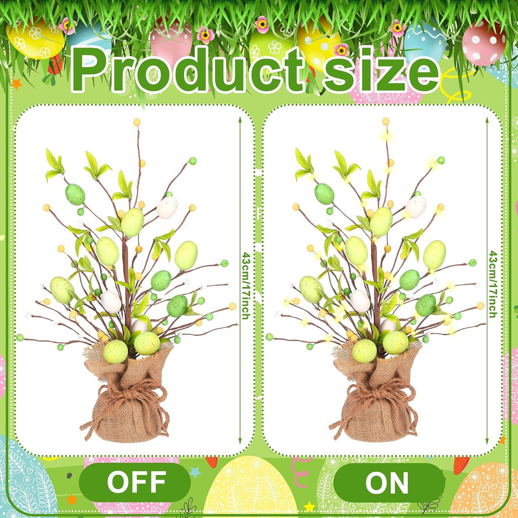 Easter Decorations 18 Inch Lighted Easter Egg Tree Tabletop Decor with LED Light Artificial Tree Decor - Set of 2