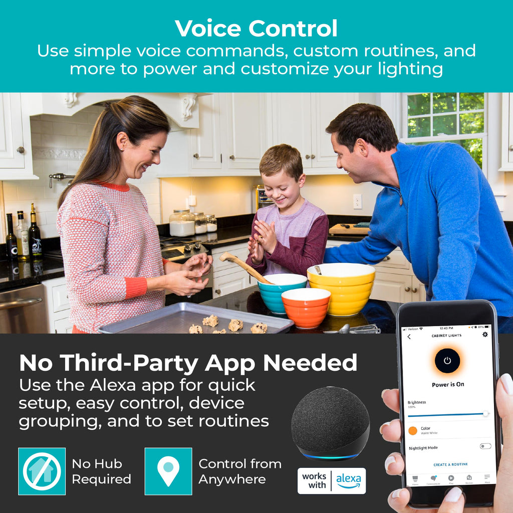 Works with Alexa Smart Under Cabinet Lighting Kit, Adjustable LEDs, (6) 9" Bars, White
