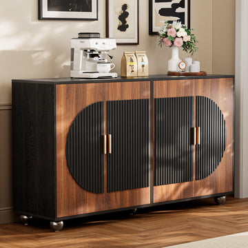 58" Fluted Modular Buffet Cabinet with Arched Doors & Gold Handles, Mid Century Modern Sideboard Credenza Storage