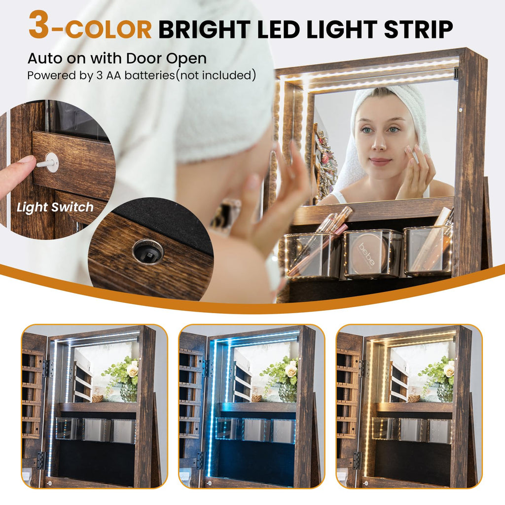 360° Swivel Jewelry Cabinet, Lockable Jewelry Organizer (Rustic Brown)