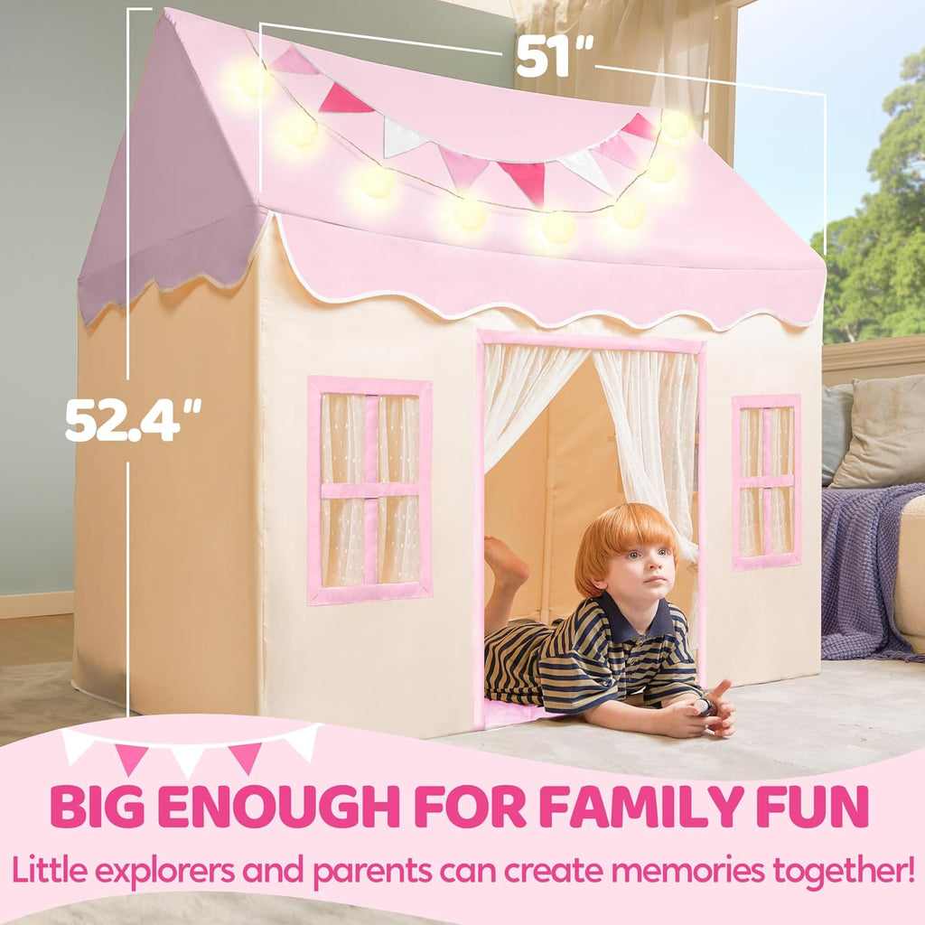 Play Tent for Kids,Indoor & Outdoor Tent with Blanket,LED Lights & Flags for Children,Spacious 51*35*52
