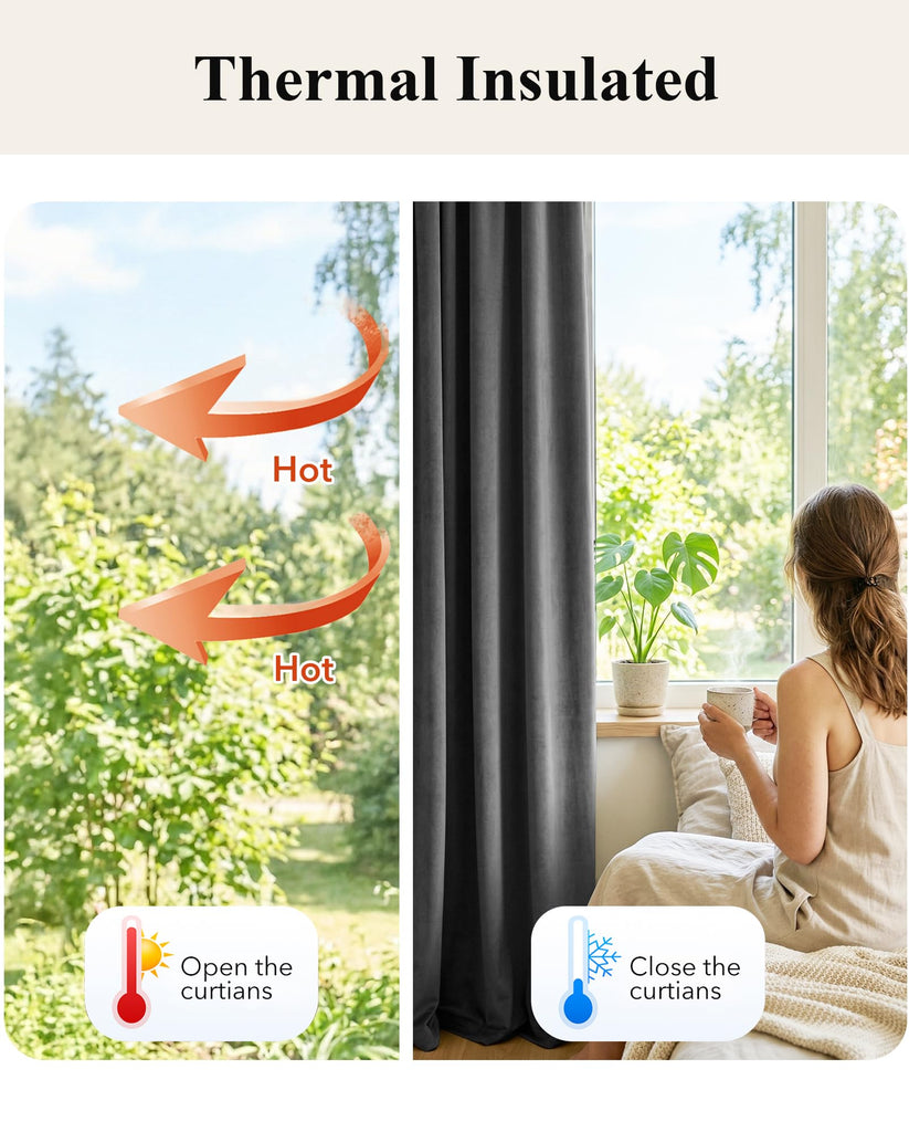 Grey Velvet Curtains Room Darkening, W52xL100, 2 Pcs