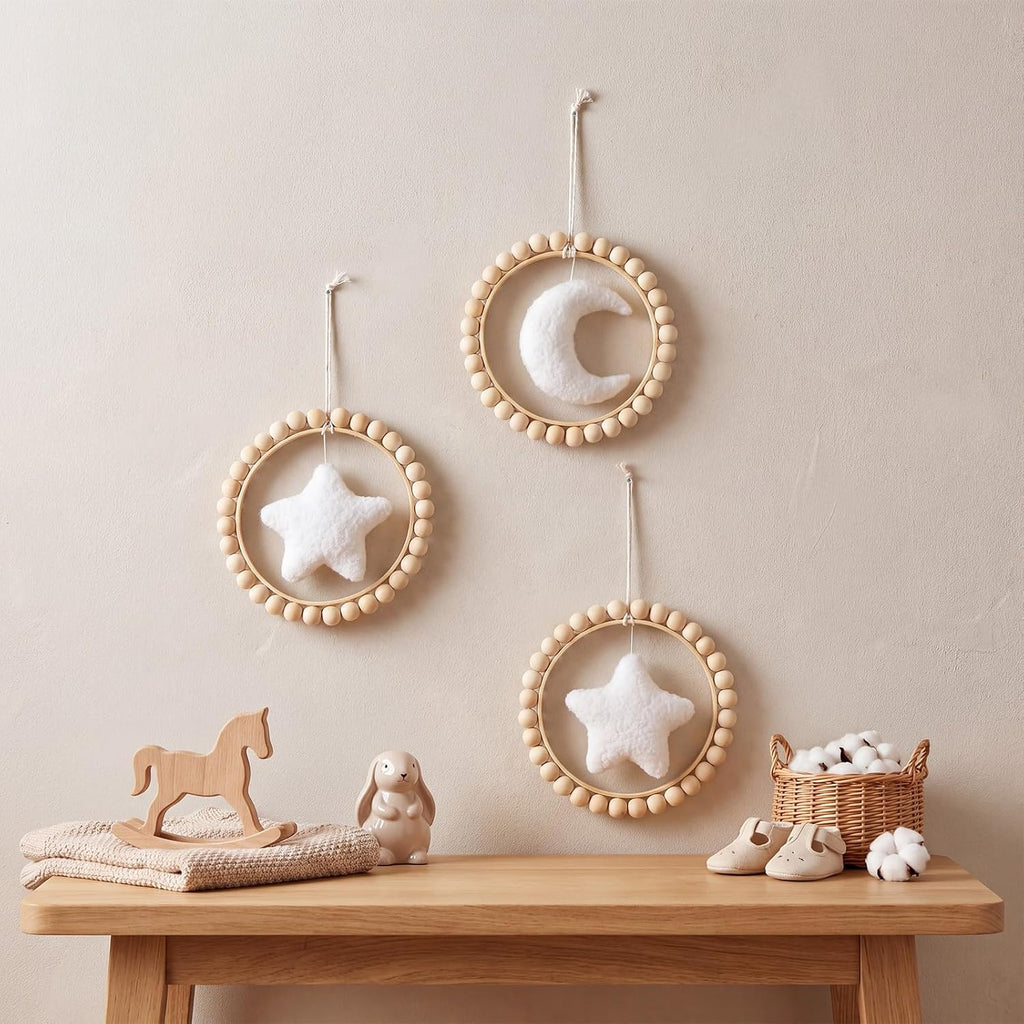 3 Pcs Boho Moon and Stars Wall Decor Nursery Wall Decors Wooden Bead Garland with Felt Centerpieces, Farmhouse Style