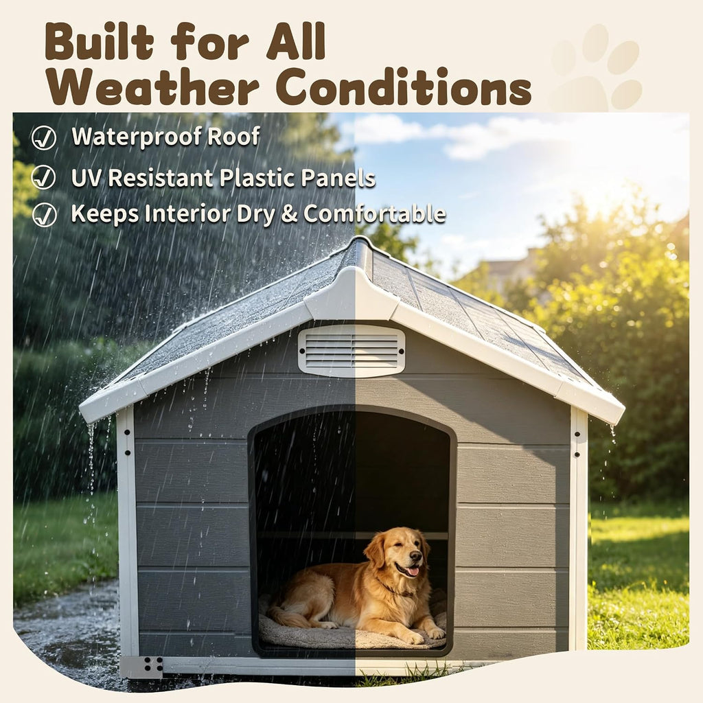 Large Dog House Outdoor Indoor, Waterproof Plastic Shelter, Air Vents