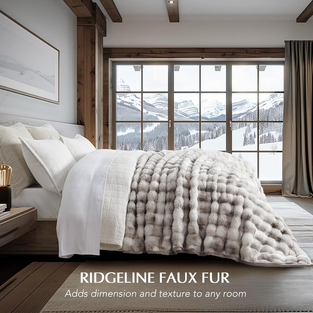 Faux Rabbit Fur Bubble Throw Blanket, 90"x90", Light Grey | Ultra Soft, Luxury Faux Rabbit Fur Throw, Thick Warm