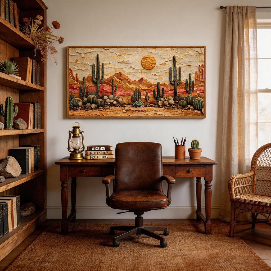3D Textured Cactus Arizona Desert Framed Canvas Wall Art 40x20 Inch