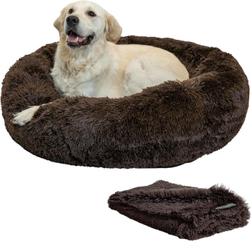 Bundle Set The Original Calming Shag Donut Cuddler Cat and Dog Bed + Pet Throw Blanket, Dark Chocolate, Large, 36x36
