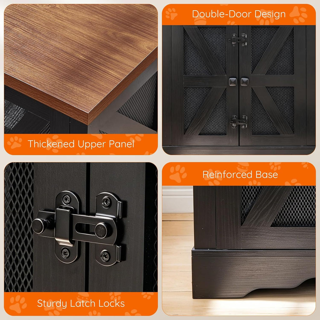 Dog Crate Furniture for Small to Medium Dogs, Dog Kennel Indoor with Barn Doors, Pet Cage Side End Table, Black