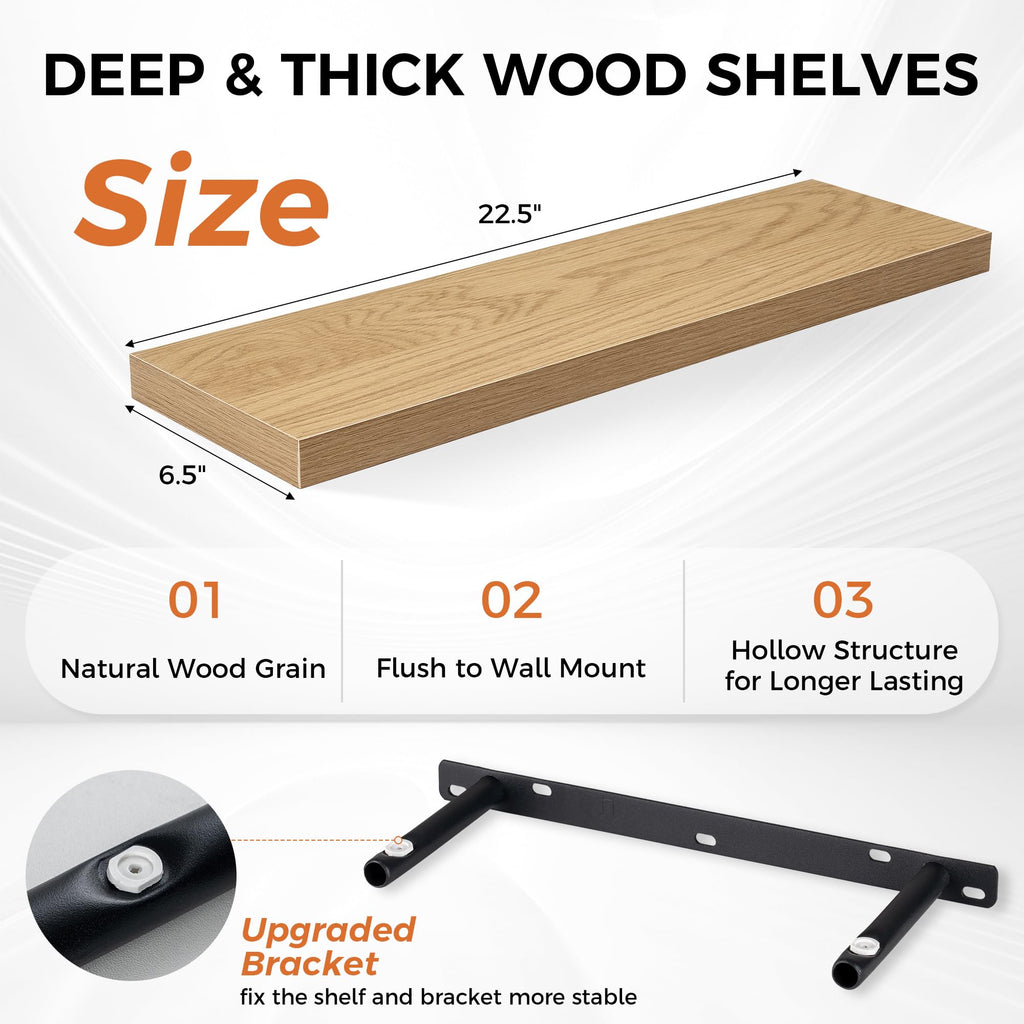 22.5 Inch Floating Shelves for Wall, Rustic Wood Wall Mounted Deep Storage Shelves with Invisible Brackets, Large