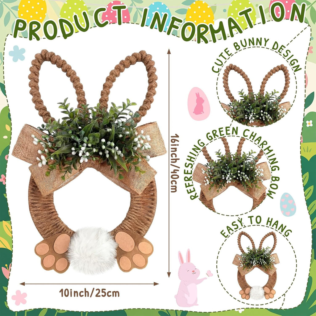 18 Inch Easter Bunny Wreath Spring Artificial Flower Rabbit Rattan Wreath with Rabbit Tail Feet Green Twig