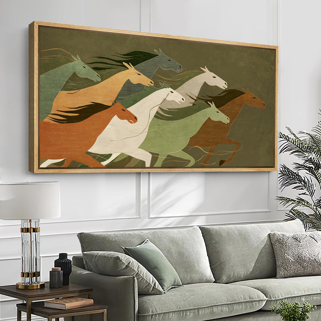 Extra Large Framed Canvas Print Wall Art Running Horses Modern Abstract Horse in Earthy Green and Orange Tones