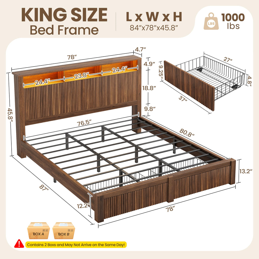 King Size Bed Frame and Headboard & 2 Storage Drawers, Walnut
