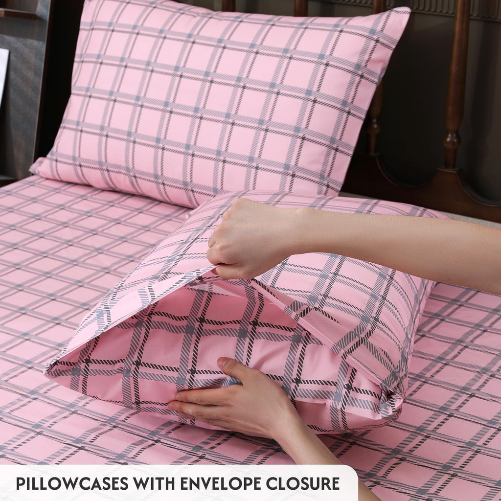 100% Percale Cotton King Sheet Set, Pink Gingham Cotton Sheets 4PC
