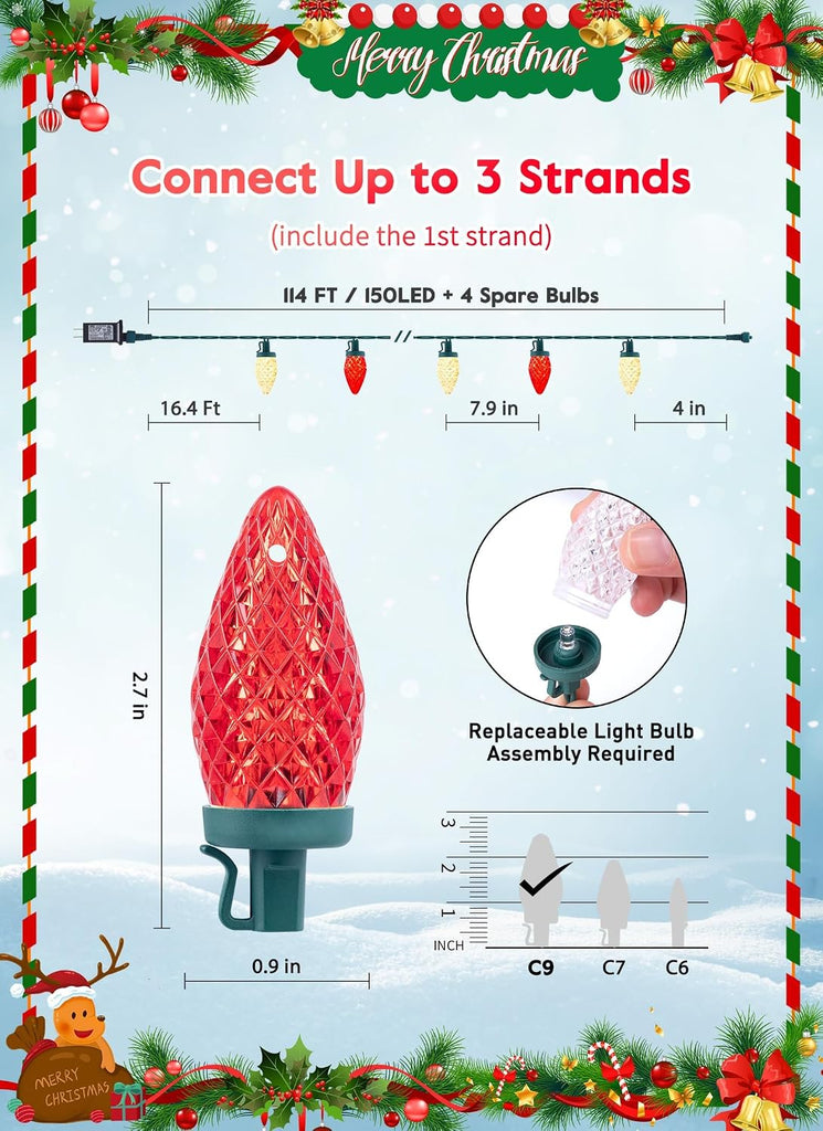 C9 Christmas Lights Outdoor, 114FT 150 LED C9 String Lights, Red|Warm White