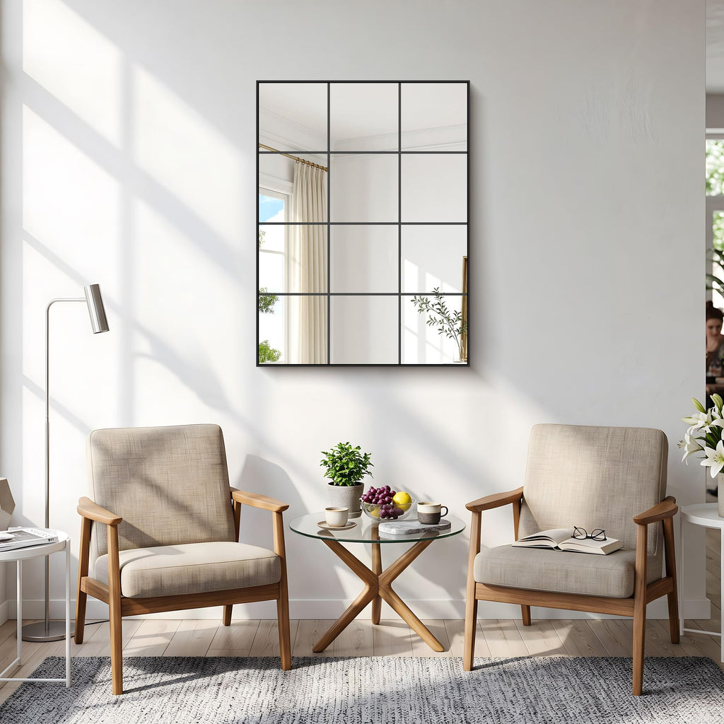 Rectangle Mirror Wall Mounted, 36"x48" Window Pane Mirror Wall Decor Metal Framed, Large Black Mirror Living Room