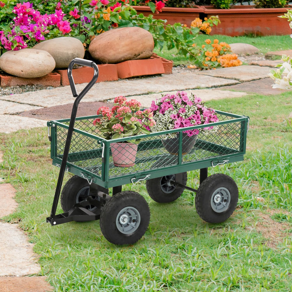 Heavy Duty Garden Cart with Wheels | Green | 500lbs Capacity | Corrosion Resistant Utility Cart with Adjustable Side
