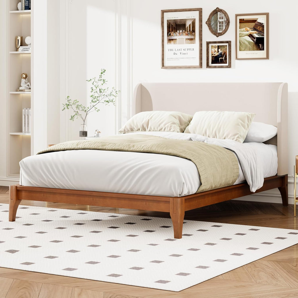 King Wingback High Headboard, Upholstered Linen Fabric Headboard, Bamboo Wood, Easy Assembly, 48''H, Tan