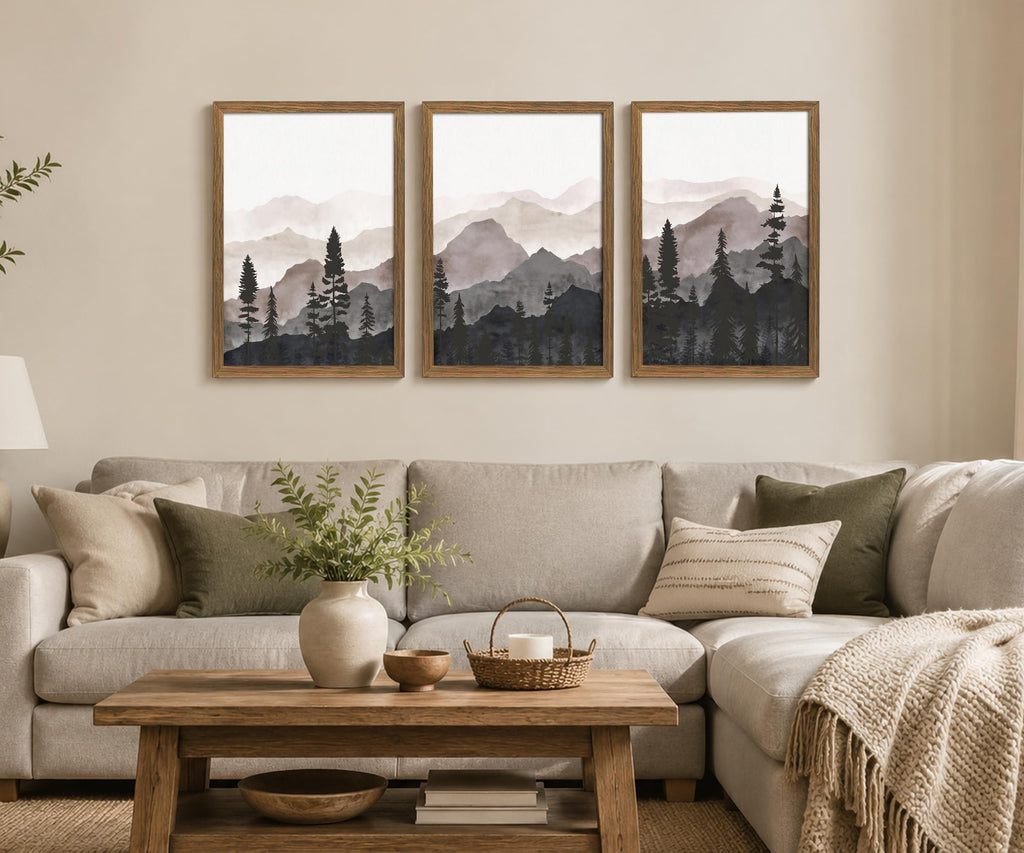Framed Pine Forest Wall Art Set of 3, Misty Mountain Landscape, 12x16 Inch